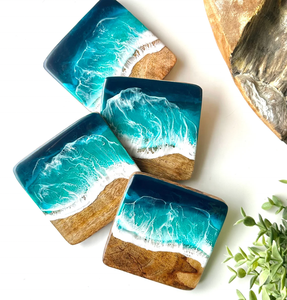 Custom Logo Luxury Ocean Wave Epoxy Resin Wood <b>Coaster</b> Handmade Acacia Wooden <b>Drink</b> <b>Coasters</b> for Home Decor Beach Theme Gifts - Product Image 4