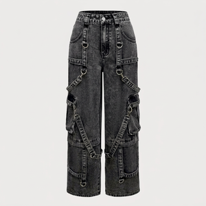 Pantalon cargo en jean noir taille haute pour homme, coupe ample et large, respirant, avec sangles à boucles légères, style streetwear Y2K, utilitaire, ODM - Product Image 1