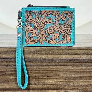 Nouveau Portefeuille-bracelet en cuir véritable luxueux à faible MOQ, avec gravure florale, style western, fermeture éclair, porte-monnaie et porte-cartes pour femme - Product Image 3