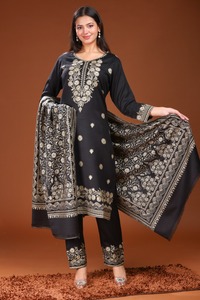 Conjunto de Salwar Kameez de Lana con Bordado Floral Negro y Chal para Mujer, Ropa Casual Tradicional Estilo India Pakistán para Fiestas y Bodas - Product Image 4