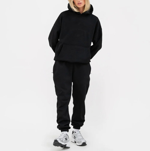 Sweat-shirt et pull à capuche personnalisés pour femme, en coton molletonné noir, avec épaules tombantes, poche frontale, manches et ourlet côtelés – Vente en gros - Product Image 3