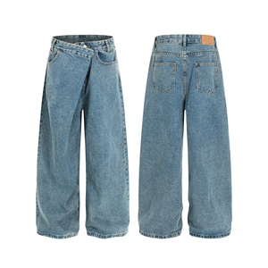 Pantalon décontracté à taille plissée, bleu délavé, avec boutons obliques, coupe ample et jambe large, pour hommes et femmes - Product Image 1