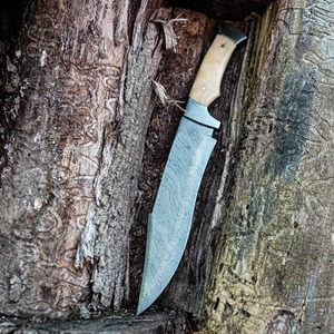 Custom Handmade Camping/Hunting Bowie <b>Knife</b> Straight Edge Damascus Steel <b>Bone</b> <b>Handle</b> 3mm Clip Point Non-Adjustable DIY 15inch - Product Image 1