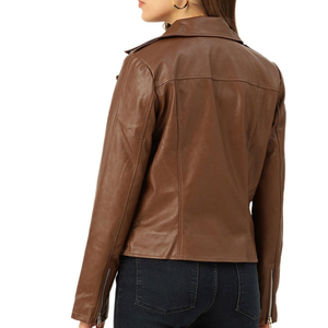 REBA SPORTS IMPEX Brown Genuine Leather Breathable Stand Collar Bomber Jacket Women Zip Pocket Cuffs Ribbed Hem Custom Logo - Product Image 3