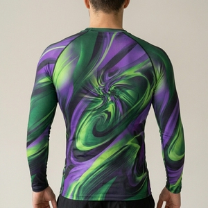 Maglia a Compressione da Uomo a Maniche Lunghe con Collo Tondo, Motivo Verde e <span class=keywords><strong>Viola</strong></span>, in Maglia a Rapida Asciugatura, Sportiva, Slim Fit, in Poliestere - Product Image 3