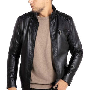 Chaqueta de cuero genuino con cremallera para hombre, abrigo de invierno con logo frontal, cuello mandarín, estilo casual ajustado. - Product Image 2