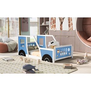 Letto a piattaforma a forma di auto d'epoca, singolo, con ruote, blu - Letti per bambini - Product Image 4