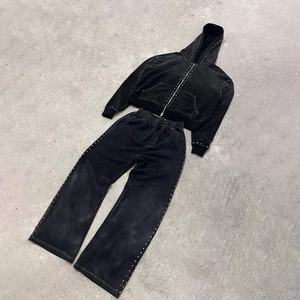 Custom Sweat Stack Pant <b>Track</b> <b>Suits</b> Wash Tracksuit Rhinestone Zip up Hoodie and Flare Sweatpants Sweatsuit Set for Men - Product Image 2