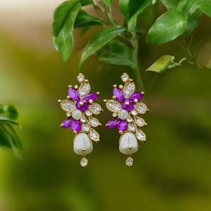 Vintage Gold Plated Kundan Freshwater Pearl Drop Earrings-Purple & White Flower Design for Wedding and Party - Product Image 2