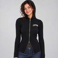 Cardigan court côtelé noir uni personnalisé à capuche avec fermeture éclair bidirectionnelle, coupe ajustée, chaud pour l'hiver, en maille tricotée