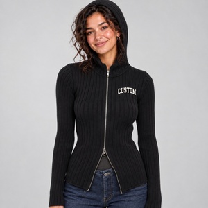 Cardigan court côtelé noir uni personnalisé à capuche avec fermeture éclair bidirectionnelle, coupe ajustée, chaud pour l'hiver, en maille tricotée - Product Image 1