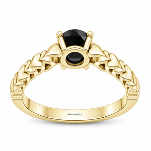 Bague de mariage solitaire en diamant noir naturel taille ronde, avec bande motif feuille de blé, en or 10K/14K/18K ou argent 925/935, plaqué rhodium de luxe - Product Image 4