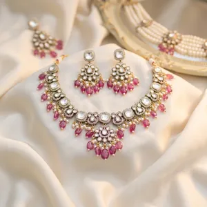 Ensemble de collier et boucles d'oreilles de style Polki en perles de rubis plaquées or de luxe, bijoux de mariage indiens traditionnels pour mariée - Product Image 2