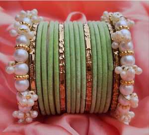 Green Velvet <b>Bangles</b> With Pearl And Gold Accents Women's Jewelry Set - Product Image 1