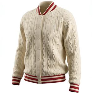 Cardigan en laine torsadée pour homme avec bordure rouge et boutons sur le devant, idéal pour l'hiver, disponible en plusieurs couleurs et tailles personnalisables - Product Image 1