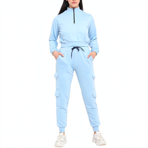 Conjunto Deportivo de Mujer en Azul Claro, Poliéster/Nailon 2 en 1, Estampado Sólido, Sudadera con Media Cremallera, Pantalones Cargo, Ropa Deportiva Casual de Verano - Product Image 4