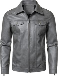 <b>Men's</b> Grey Ash PU Faux <b>Leather</b> Trucker <b>Jacket</b> Pointed Lapel Collar Dual Chest Flap Snap Pocket Center Front Zipper Casual - Product Image 4