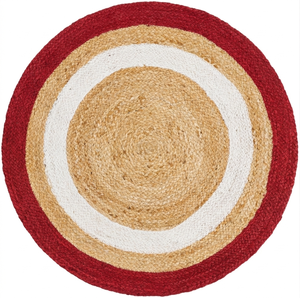 Tapis rond en jute rouge et blanc fait main, tressé, style farmhouse bohème, en fibres naturelles, pour salon - Product Image 2