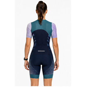 Combinaison de triathlon pour femme, bleu marine, motif géométrique violet, manches courtes, sans couture, respirante, compression ajustée, réversible - Product Image 4
