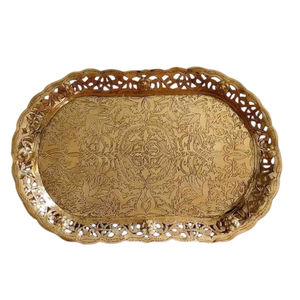 Bandeja Decorativa Redonda de Metal Dorado Antiguo de Alta Calidad, Hecha a Mano, Estilo Marroquí, para Servir Comida, Decoración Árabe para el Hogar, Bandeja para Té - Product Image 1