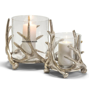 Porte-bougie en métal aluminium au design bois de cerf attrayant, pot à bougie unique en béton avec décoration de Noël plaquée or - Product Image 2