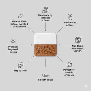 Sous-verres en marbre naturel et bois d'acacia, design floral gravé au laser, forme carrée - Product Image 2