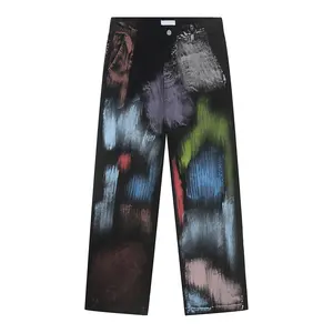 Custom Streetwear Baggy Denim Pants Men Graffiti Painting Black Pants With Paints Hip Hop Pants