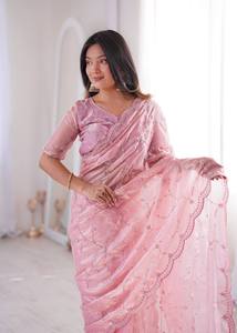 Luxury <b>Blush</b> Pink Cotton Saree Women | Traditional Heavy Sequins Floral Thread Embroidery | Designer Indian Wedding Party | - Product Image 3