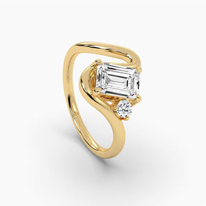 Bague de fiançailles asymétrique unique en or massif 14K/18K avec diamant de laboratoire 1,13 carats et bande incurvée émeraude Toi et Moi - Product Image 5