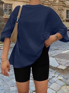 T-shirt ample en jersey 100 % coton bleu marine uni à col rond et manches courtes pour femme – Respirant et décontracté, idéal toutes saisons - Product Image 6