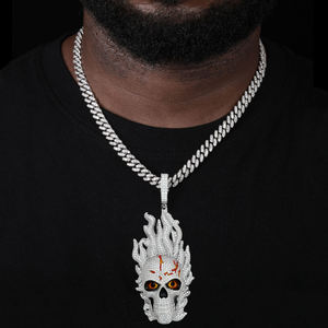 <b>Silver</b> Plated Flame Skull Pendant With Crystal Rhinestones Men's Hip Hop Jewelry Gift - Product Image 1