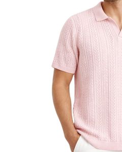 เสื้อโปโลถักสีชมพูสำหรับผู้ชาย แขนสั้น ทรงเข้ารูป สไตล์ลำลองสำหรับฤดูร้อน รับผลิตตามสั่ง ขายส่งจากโรงงาน - Product Image 4