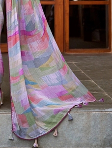 Sari KV en rayonne, chiffon et georgette, imprimé à rayures, style traditionnel, pour les fêtes - Product Image 6