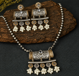 Ensemble collier et boucles d'oreilles en alliage bicolore plaqué or avec zircon, design floral, fait main, style indien bohème, pour femmes, mariage, fiançailles - Product Image 1