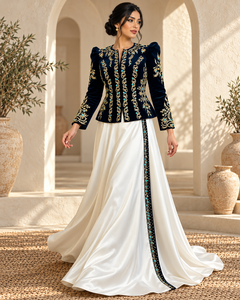 Vestido Karakou Argelino MAXI de Terciopelo Color Ciruela Mishkat Couture con Bordado Turquesa Dorado y Falda de Satén Color Marfil para Fiestas de Invierno - Product Image 2