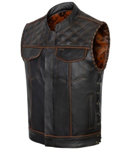 Gilet de motard en cuir véritable écologique pour homme, col montant, empiècements matelassés, poches, motif cachemire, fermeture éclair, vêtement d'extérieur hiver - Product Image 1
