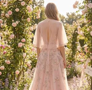 Robe de soirée formelle style féerique romantique pour invitée de mariage, col en V, en maille rose brodée de fleurs, manches papillon - Product Image 2