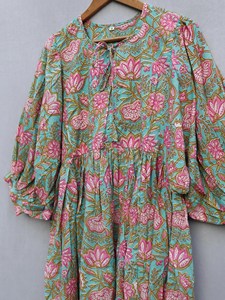 Bohemian Mustard Floral Block Print Cotton Midi <b>Dress</b> With Puff Sleeve <b>Loose</b> Fit Turn Down Neck Summer <b>Dress</b> For Women - Product Image 3
