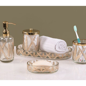 Premium Luxury Round Gradient Glass Bath Set Gold Pump Soap Dispenser <b>Toothbrush</b> <b>Holder</b> Soap Tray Tumbler Cup for Bathroom Use - Product Image 3