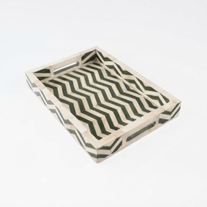 Plateau de service rectangulaire géométrique noir et blanc en os incrusté, fait main, en résine et bois, décoratif pour table basse, maison, hôtel - Product Image 3