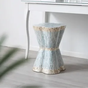 Scalloped Hourglass Accent <b>Stools</b> Mother of Pearl Handcrafted Mosaic Small Side Table For Living Room <b>Bedroom</b> Decor Use - Product Image 2