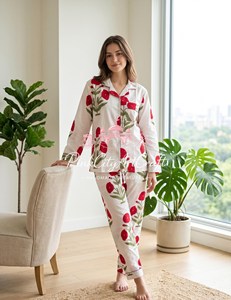 Luxury Women's Hand Block Printed Pure Cotton Summer Night <b>Suit</b> Set Elegant Full Sleeve Notch Collar Shirt Straight Fit <b>Pyjamas</b> - Product Image 6