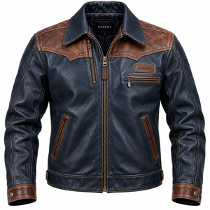 Servicio OEM ODM, Chaqueta de Cuero Vacuno Genuino Azul Marino para Hombre, Chaqueta de Motero Estilo Western Vintage de Dos Tonos Personalizada, Fabricante Mayorista - Product Image 1