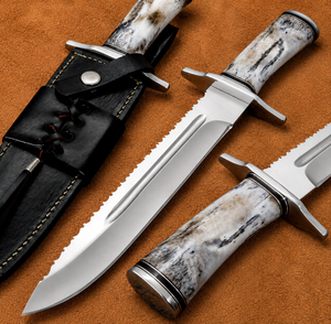 Couteau Bowie personnalisé en acier D2, manche en os coloré, lame fixe, couteau de chasse et de camping avec étui en cuir - Product Image 1