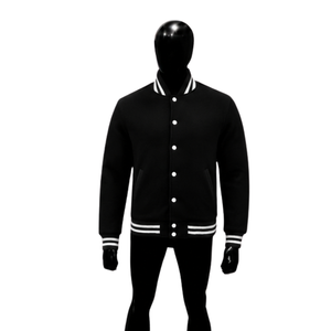 Chaqueta universitaria de lana negra para hombre, chaqueta de béisbol personalizada con letras, cuello, puños y dobladillo acanalados con rayas blancas y cierre clásico a presión. - Product Image 1