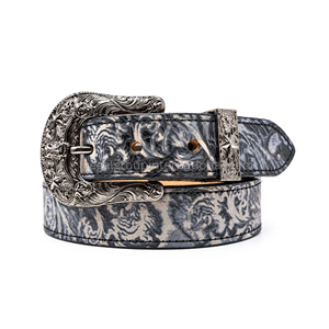 Cinturón de Cuero Grabado a Mano con Diseño Floral Gris y Negro Estilo Western Premium para Hombre y Mujer, Acabado Vintage de Mármol de Alta Calidad - Product Image 1