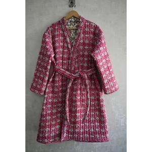 Handmade Indian Cotton Quilted Kimono Jacket <b>Women</b> Long Bathrobe Boho <b>Robe</b> Stylish Winter Floral Block Print V-neck Drawstring - Product Image 4