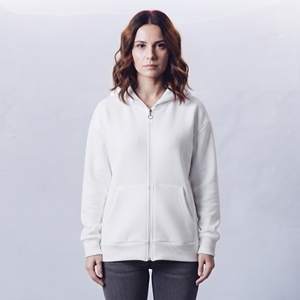 Sudadera con capucha blanca para mujer, con cremallera, mezcla de algodón y forro polar, manga larga, con bolsillos y hombros caídos - Product Image 1