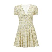 Robe Courte d'Été Florale 2026 pour Femme, Décontractée, Col en V, Taille Haute, Coupe Évasée, Lavable, en Polyester, Idéale pour les Sorties et les Fêtes