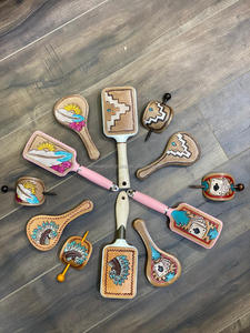 Hot Selling Real Handmade Engraved Tooled <b>Leather</b> 3 Pieces Hair Brush Hand Mirror & Hair Stick Vanity Sets Womens Stunning Gifts - Product Image 4